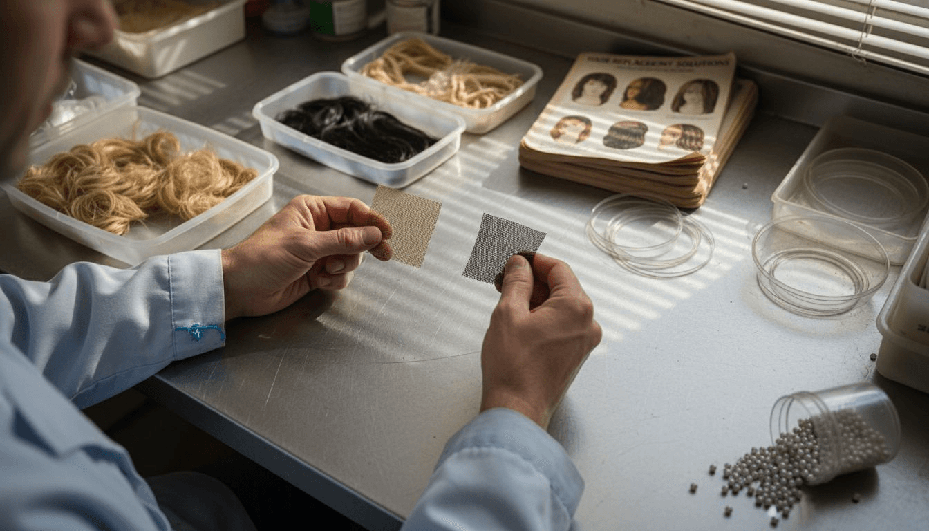 Technician comparing hair patch materials