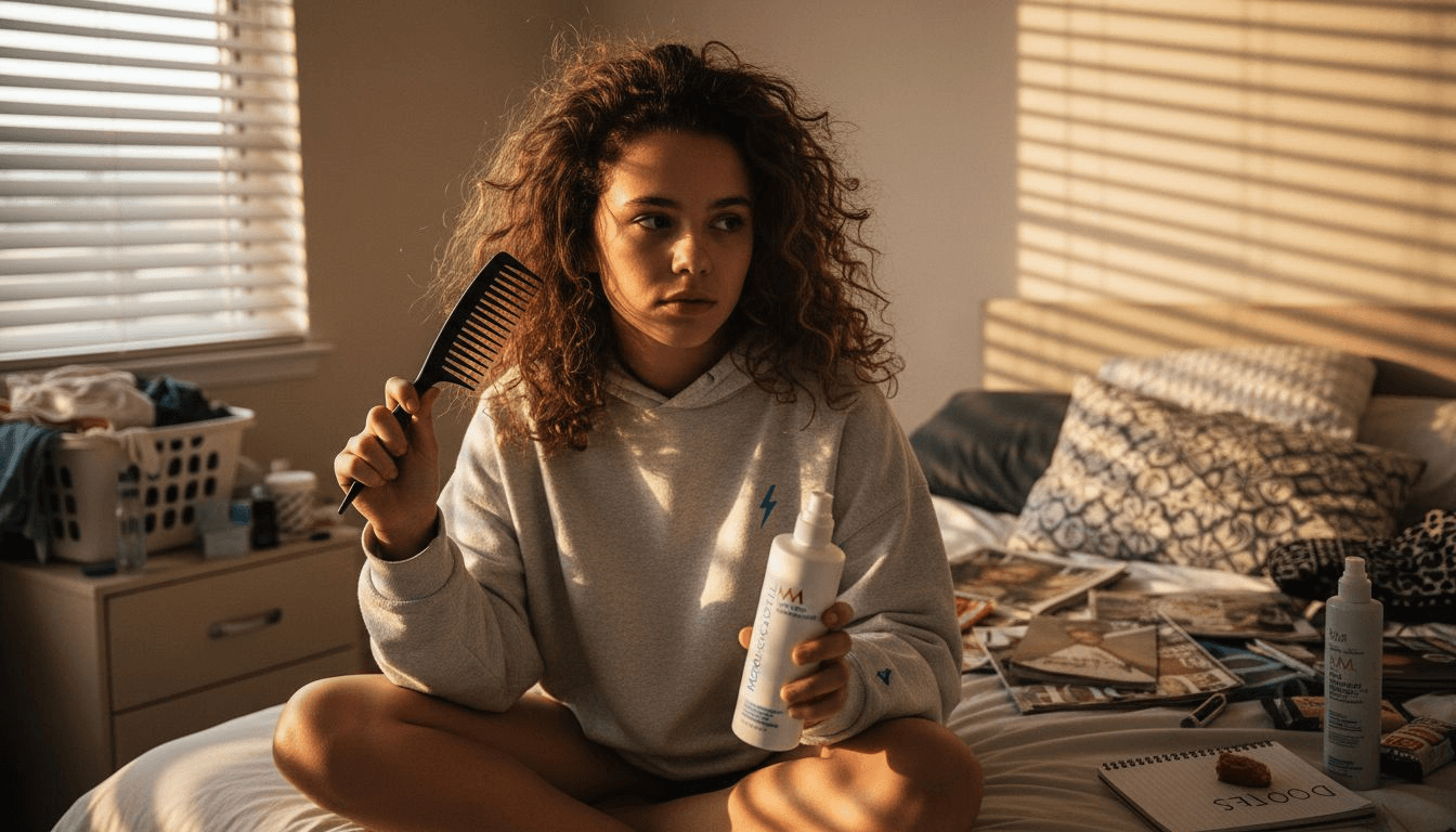 Teen girl combing and styling dry textured hair