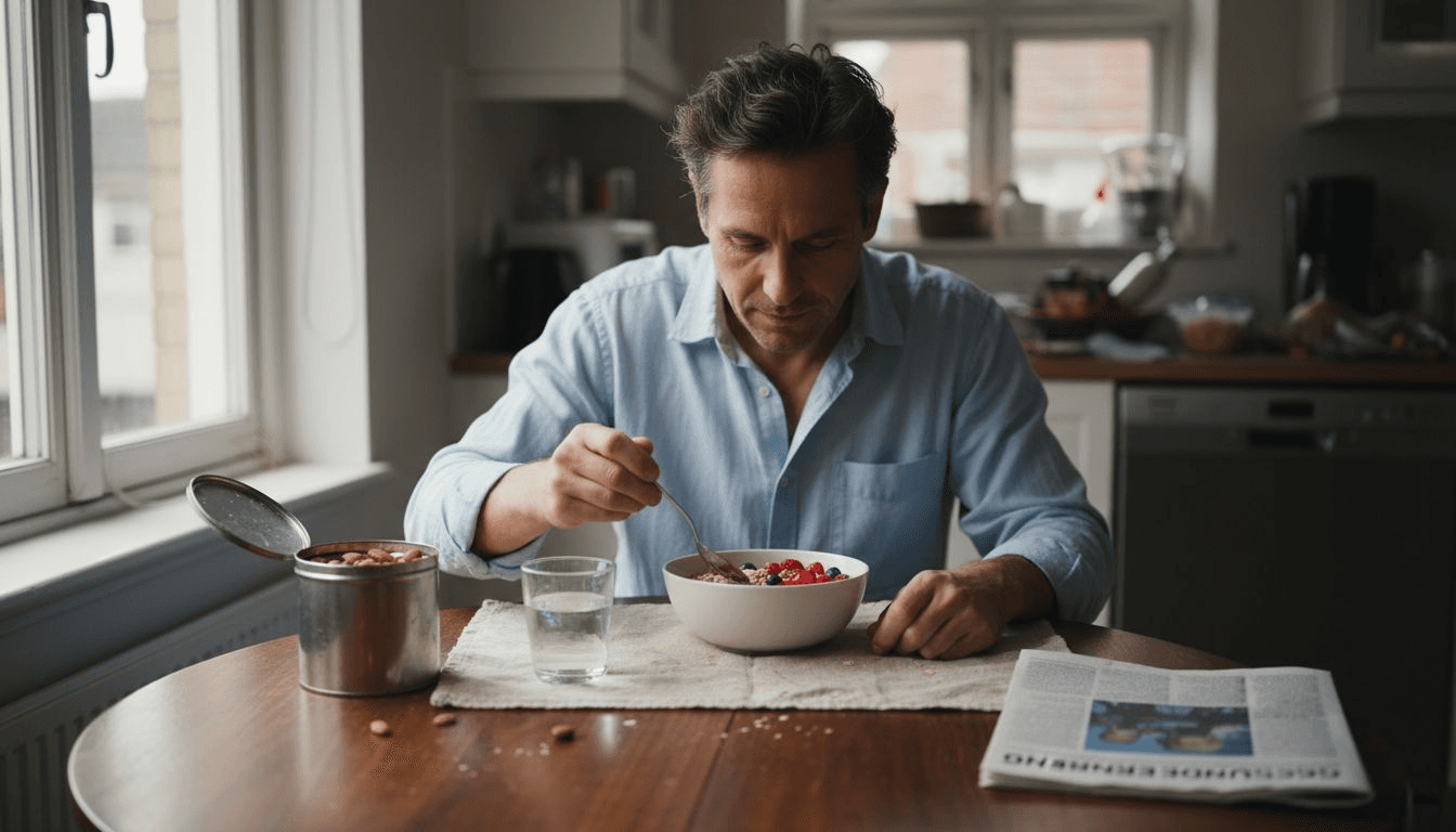 Ein Mann achtet auf eine ausgewogene Ernährung, um seine Haare gesund zu halten.