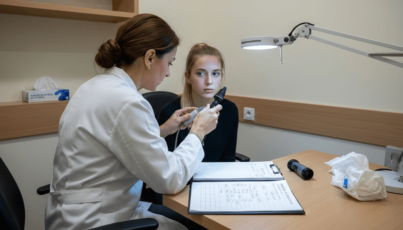 La dermatóloga revisa cuidadosamente el cuero cabelludo del paciente durante la consulta.