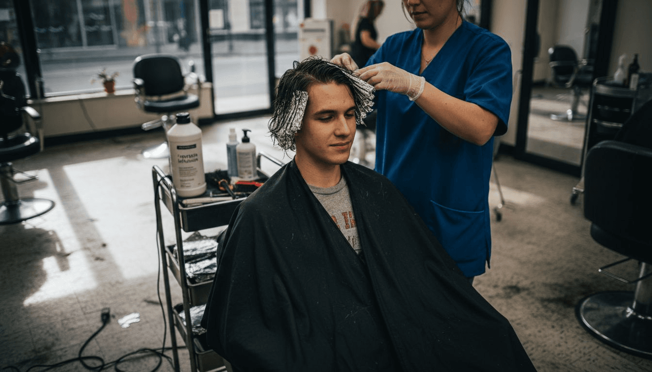 Salon hair treatment with stylist and client