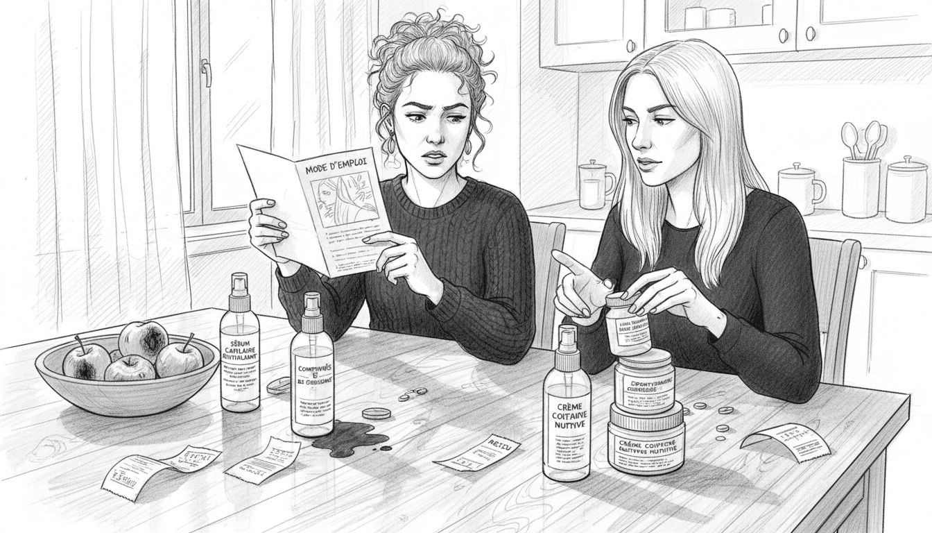 Présentation comparative de plusieurs soins pour les cheveux, disposés sur une table