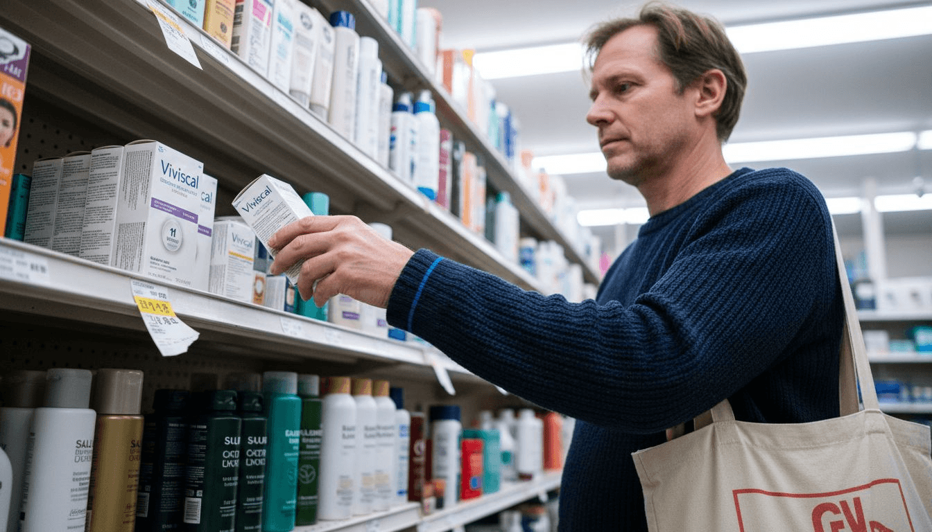 Man selecting Viviscal supplements at pharmacy