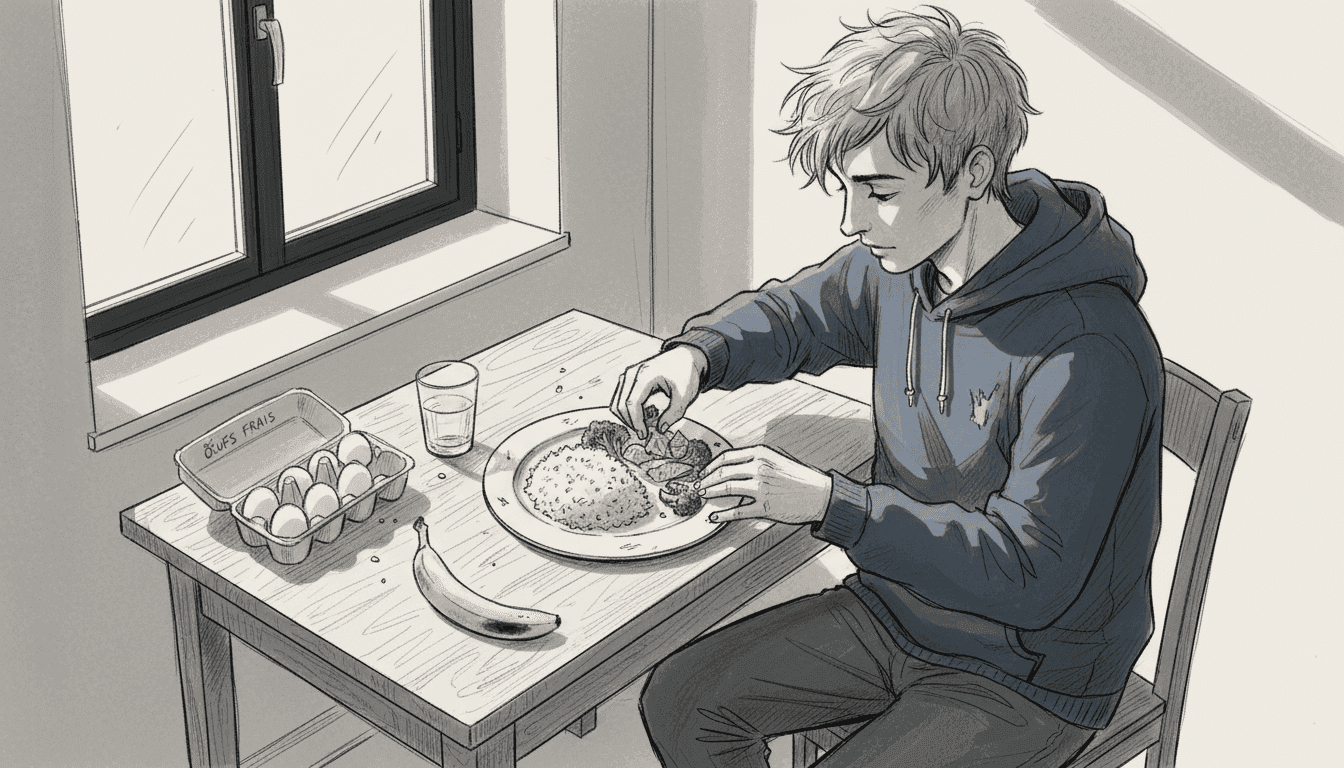 Un jeune homme s’affaire en cuisine, préparant un repas sain et équilibré.