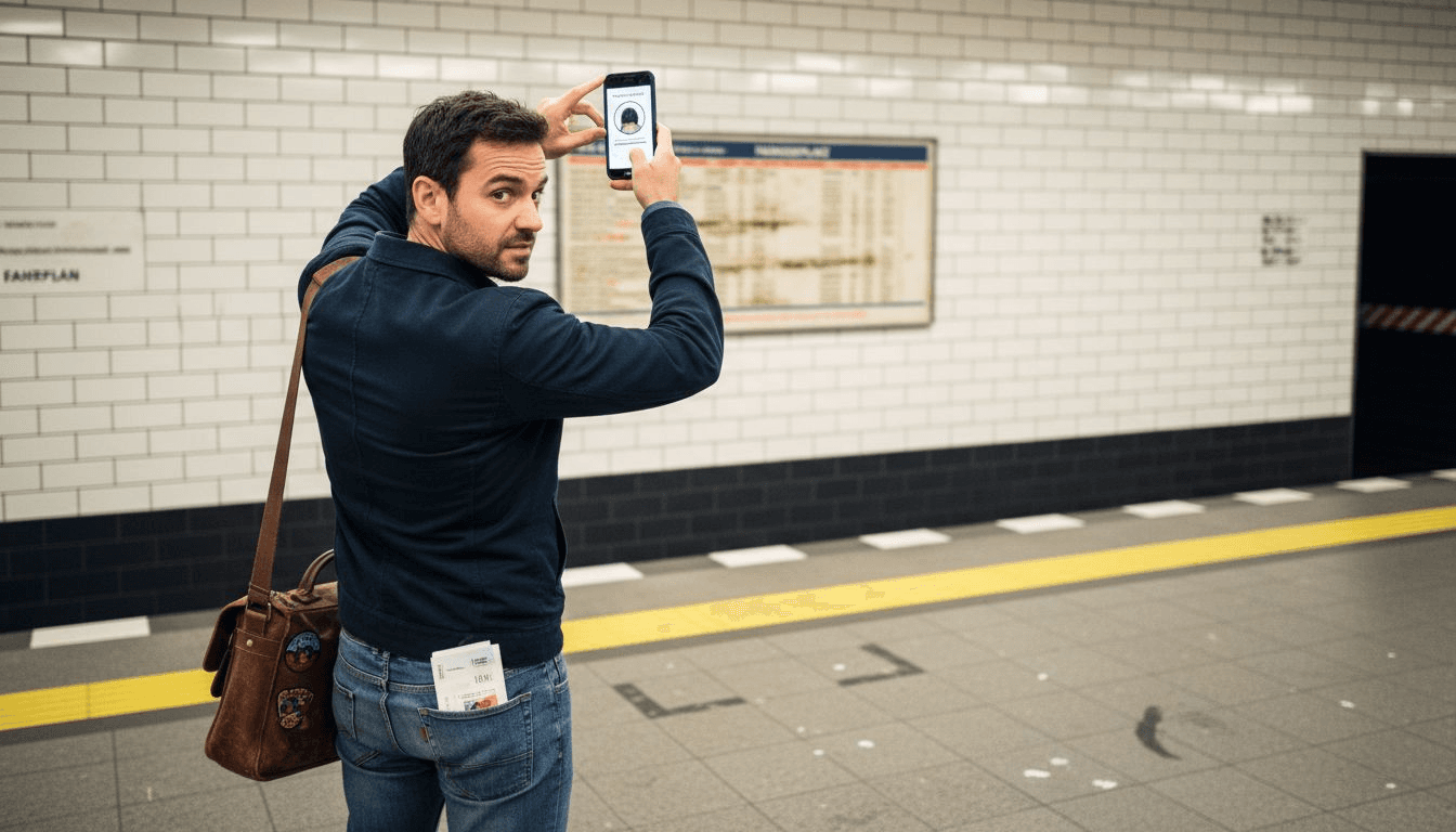 Ein Mann sitzt auf dem Bahnsteig und probiert verschiedene Frisuren mit einer App auf seinem Smartphone aus.