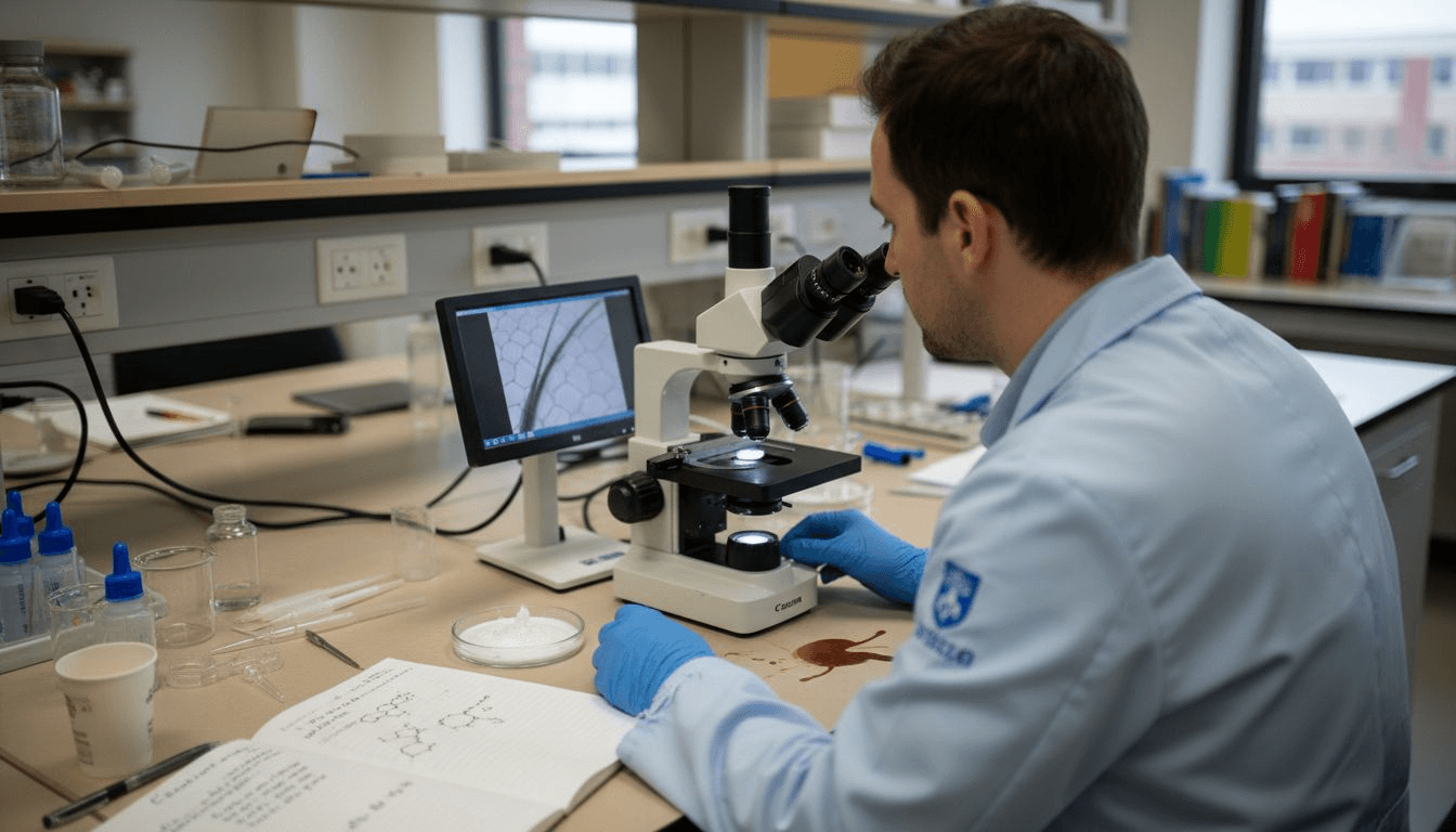 Lab technician examining hair strand with coconut oil