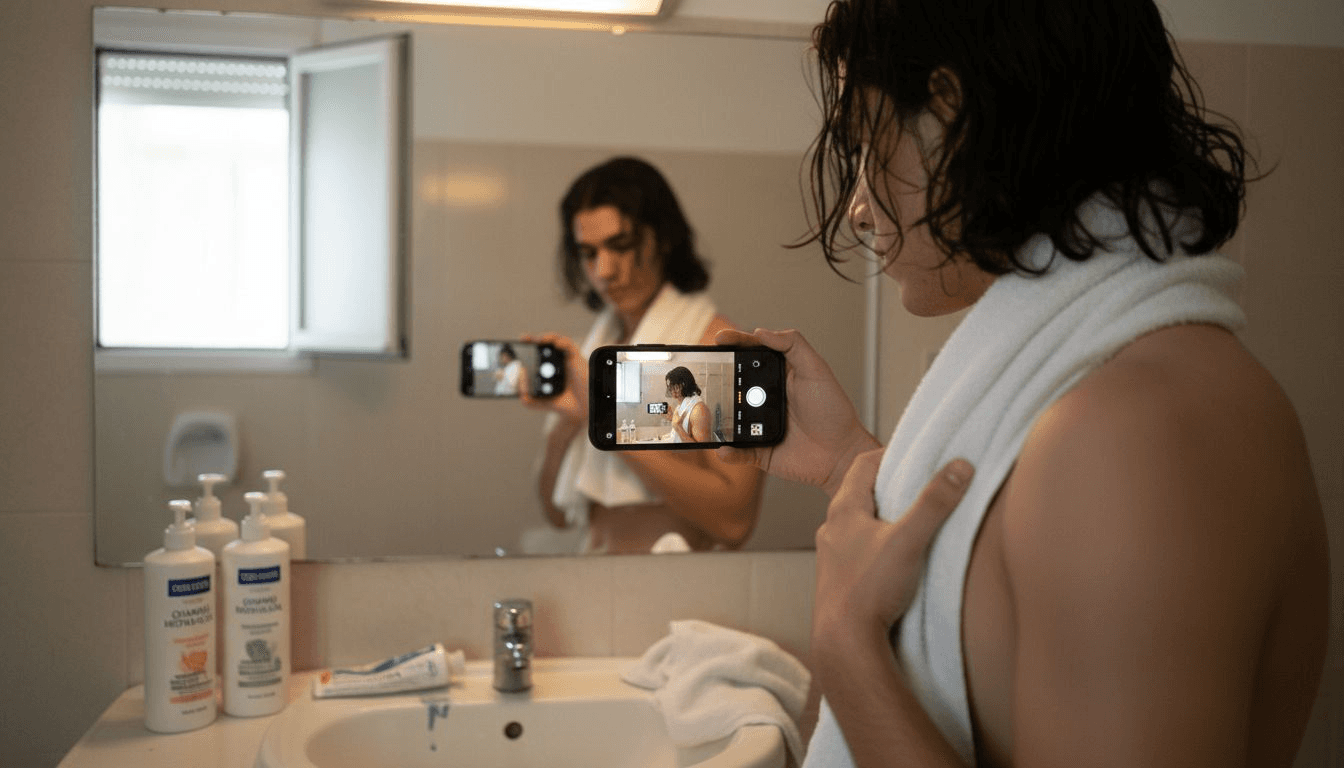 Hombre tomándose una foto en el baño para documentar cómo va el crecimiento de su cabello.