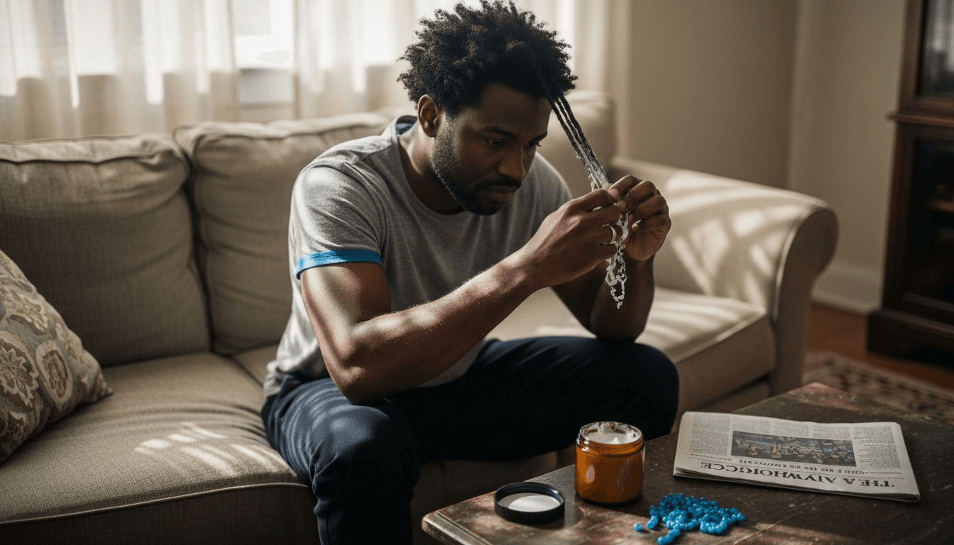 Man moisturizing natural hair at home