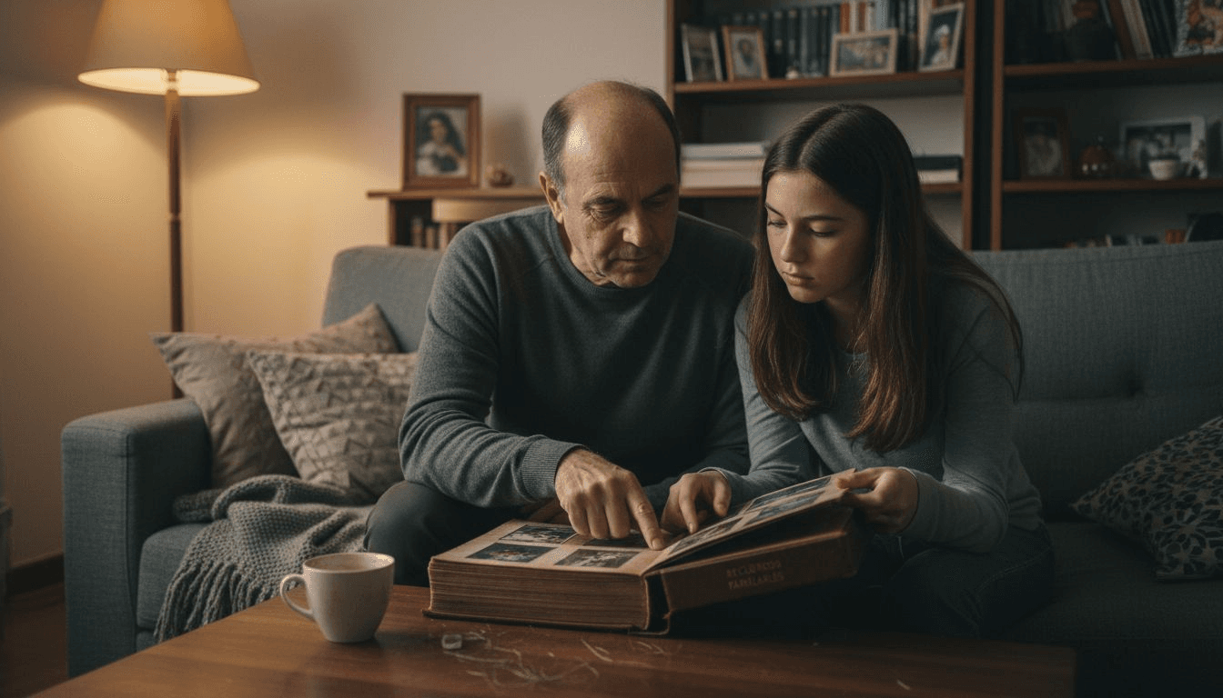 Un padre y su hija pasan la tarde juntos, hojeando álbumes de fotos familiares y recordando momentos especiales.