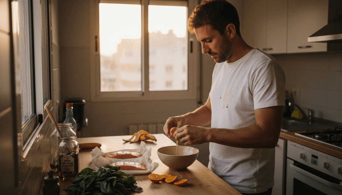 Hombre preparando una comida rica en nutrientes para fortalecer el cabello