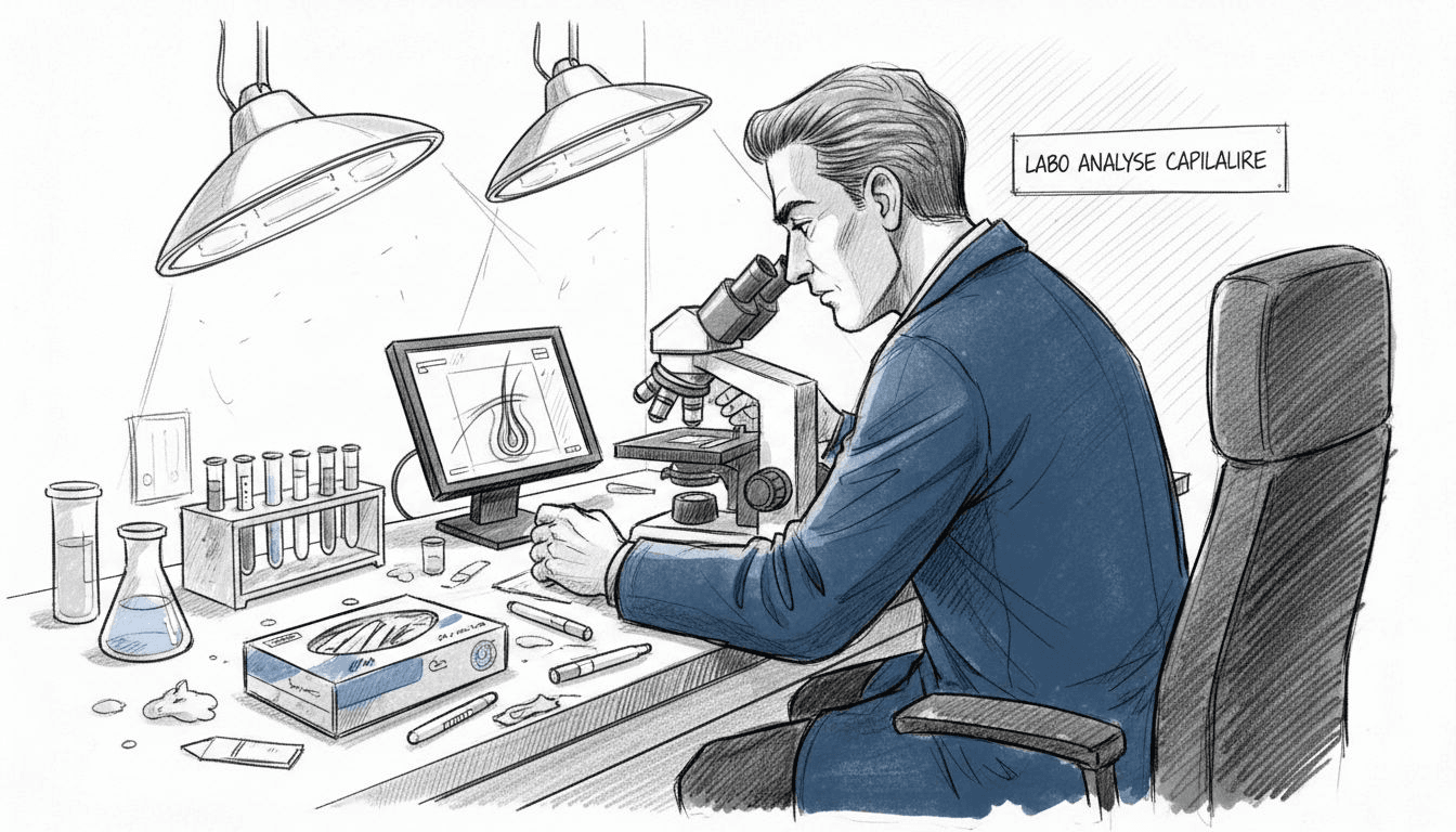 Un spécialiste analyse la structure du cheveu à l’aide d’un microscope.