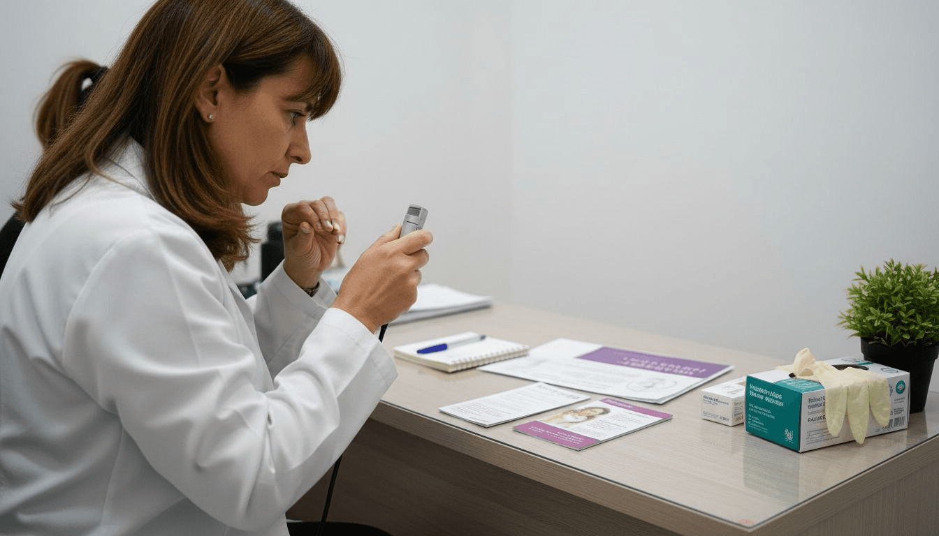 Una dermatóloga examina el cuero cabelludo de una paciente durante una consulta en la clínica.