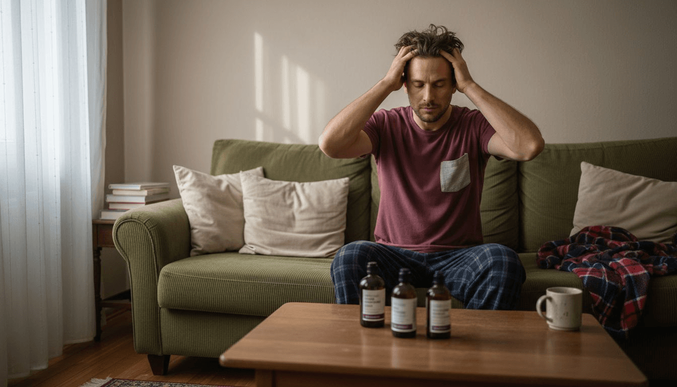 Ein Mann gönnt sich zu Hause eine entspannende Kopfmassage.