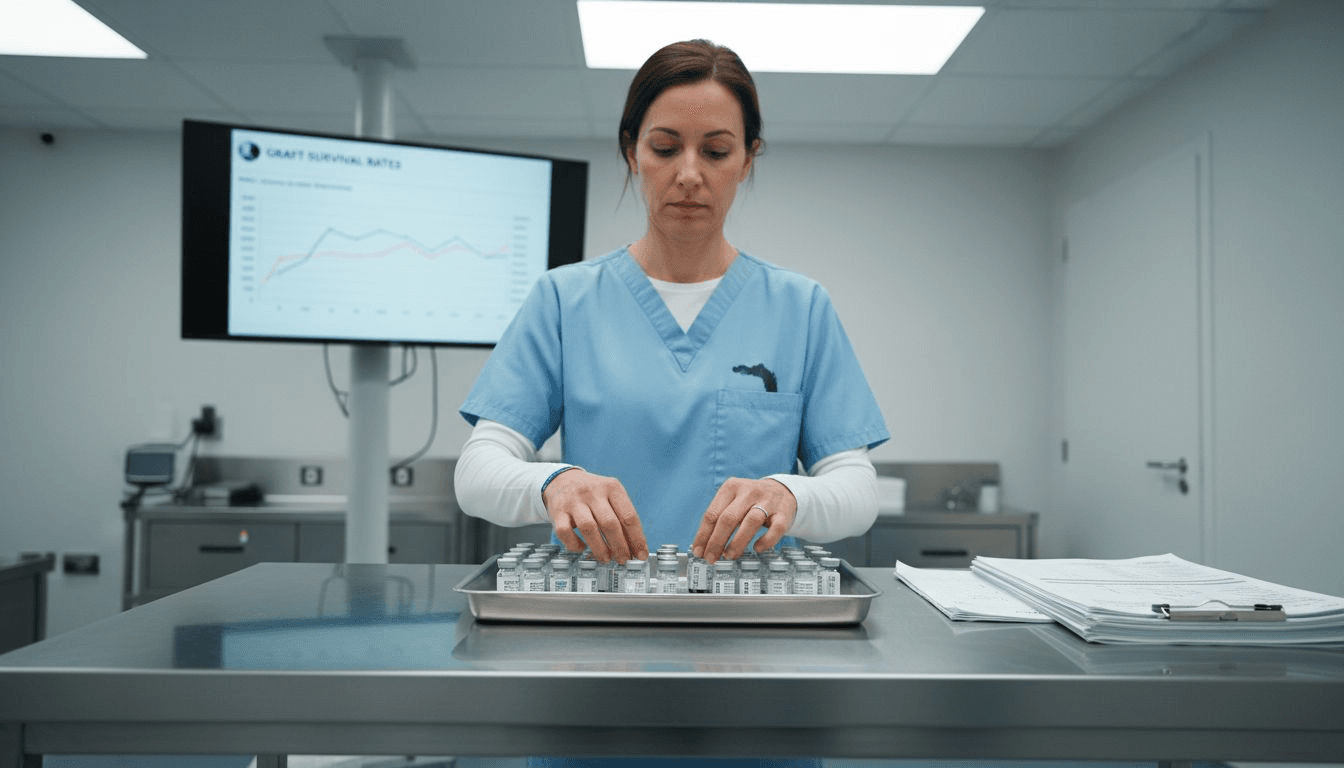 Nurse arranges hair transplant graft vials