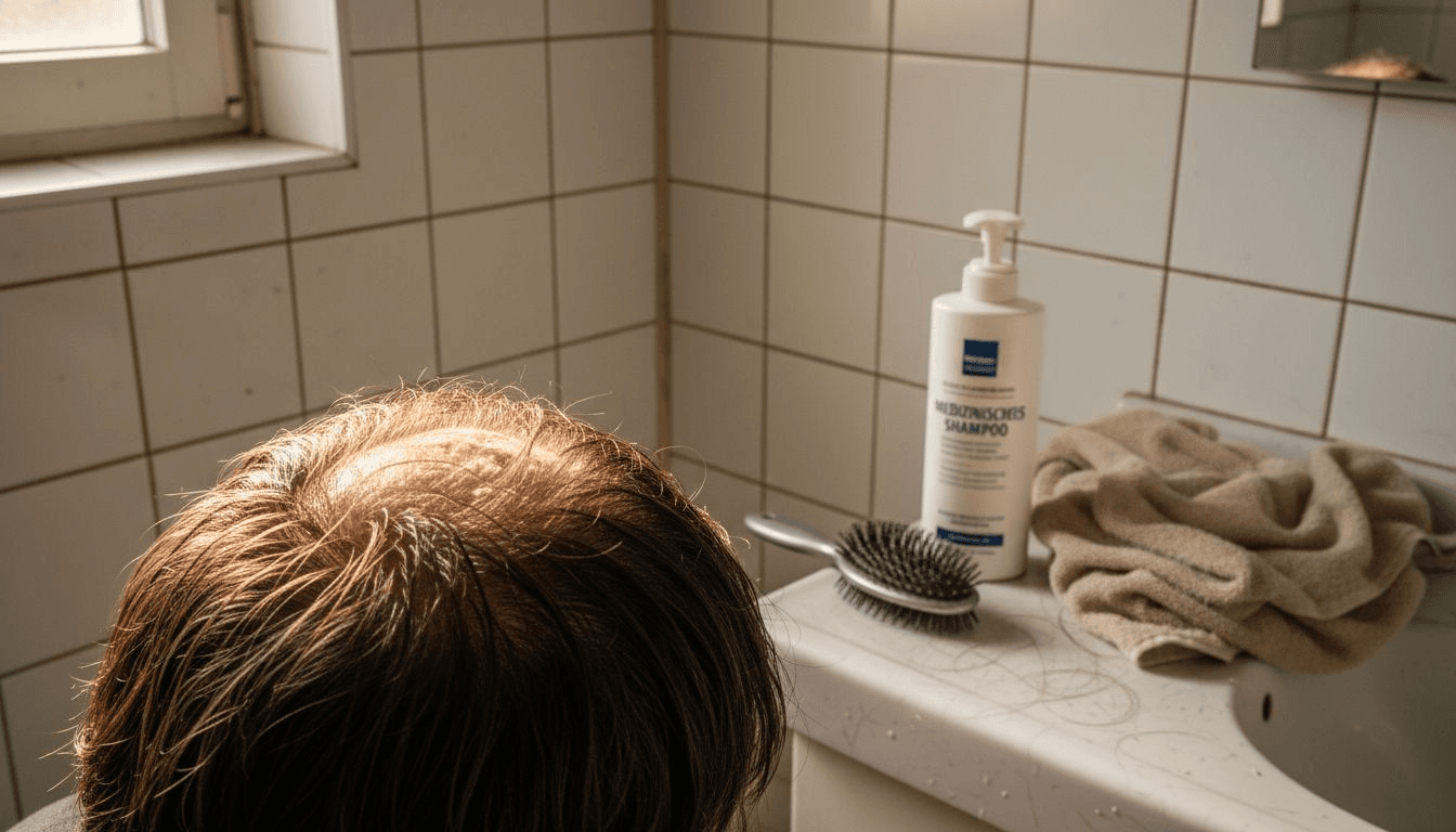 Detailaufnahme einer Kopfhaut mit sichtbaren Schuppen