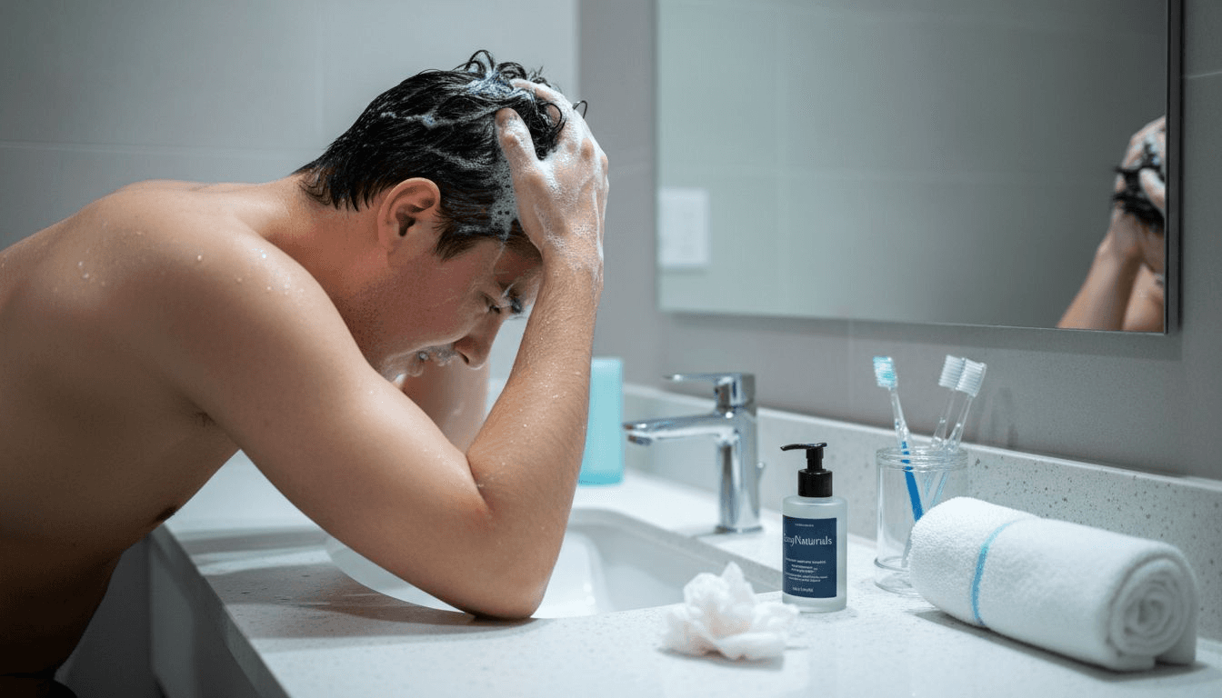 Man washing hair for scalp preparation