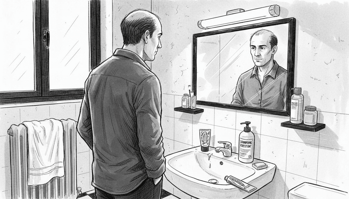 Un homme scrute sa chevelure devant le miroir de la salle de bain, à la recherche des premiers signes de calvitie.