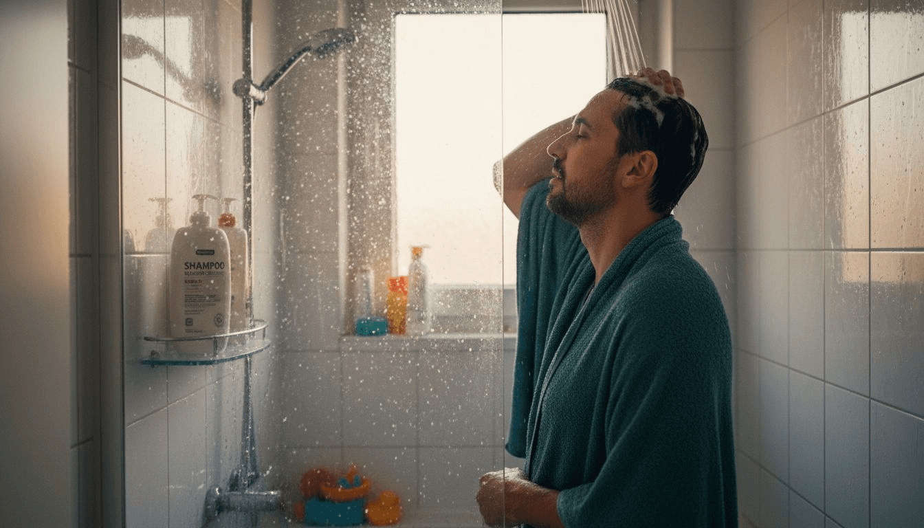 Ein Mann wäscht sich die Haare in seinem kleinen, eng geschnittenen Badezimmer.