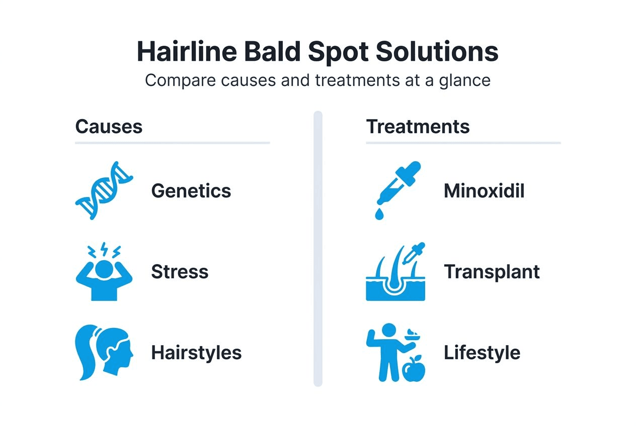 Infographic comparing hairline bald spot treatments and causes