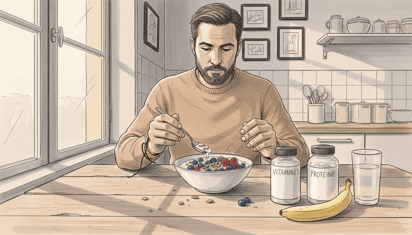 Un homme concocte un repas riche en nutriments pour prendre soin de ses cheveux.