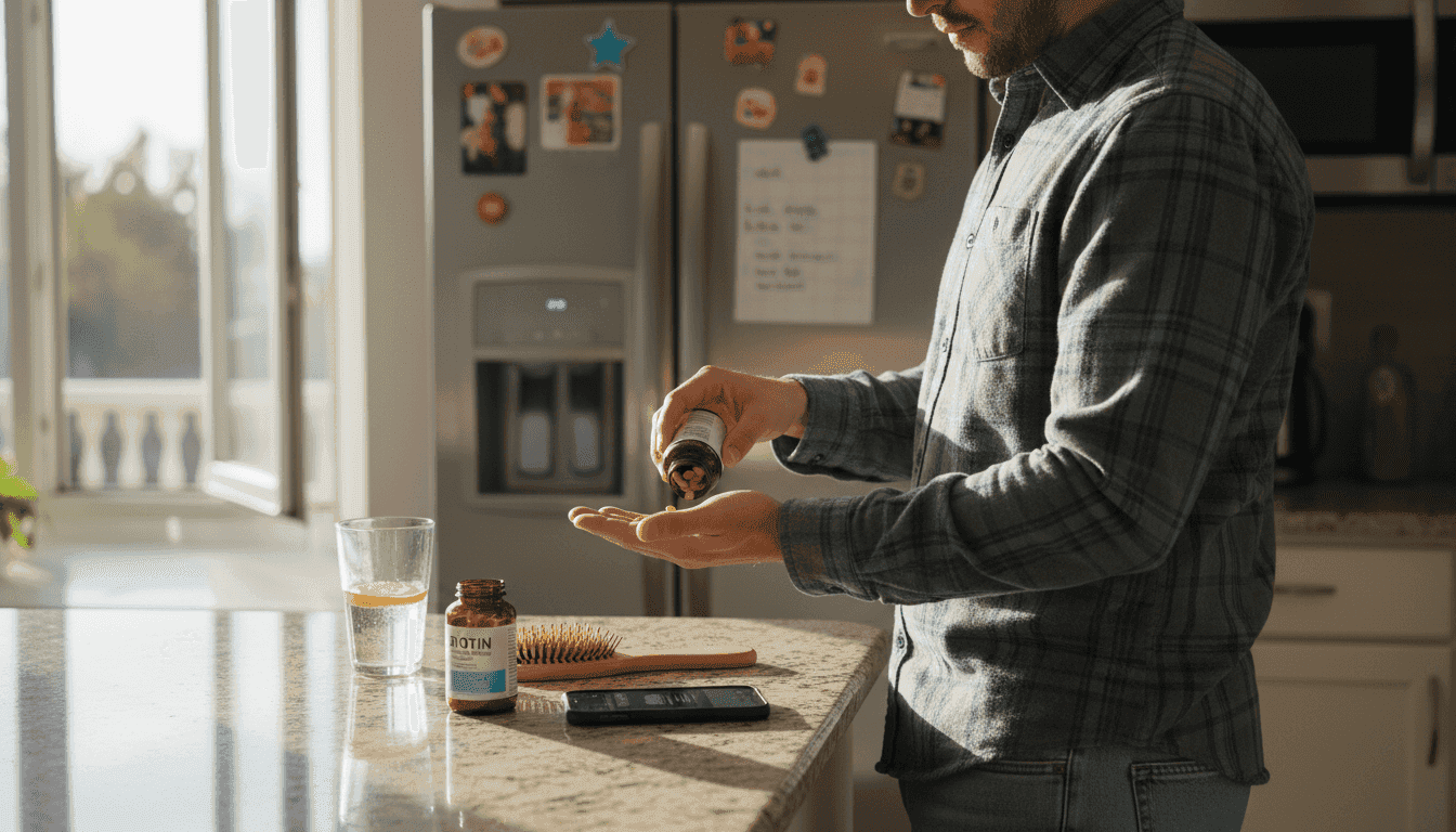 Man holding biotin supplement at kitchen counter