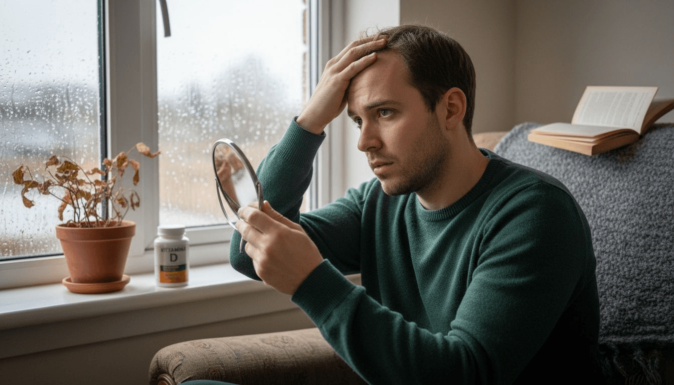 Hombre examinando su cuero cabelludo preocupado por la caída del cabello