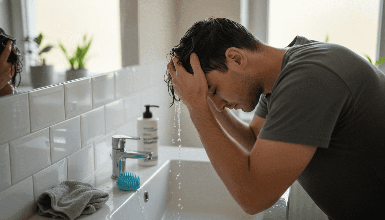 Ein Mann massiert sich sanft mit Shampoo die Kopfhaut.