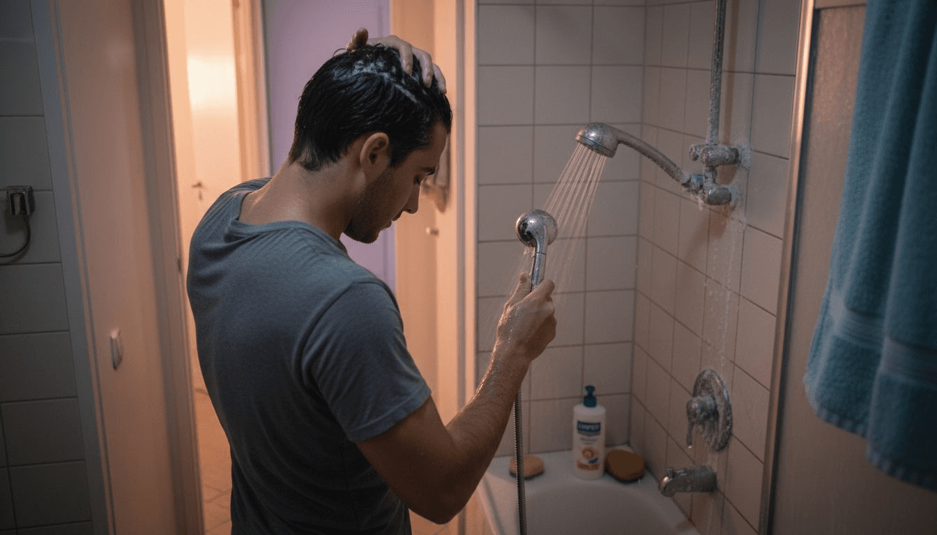 Hombre cuidando su cabello con un buen lavado