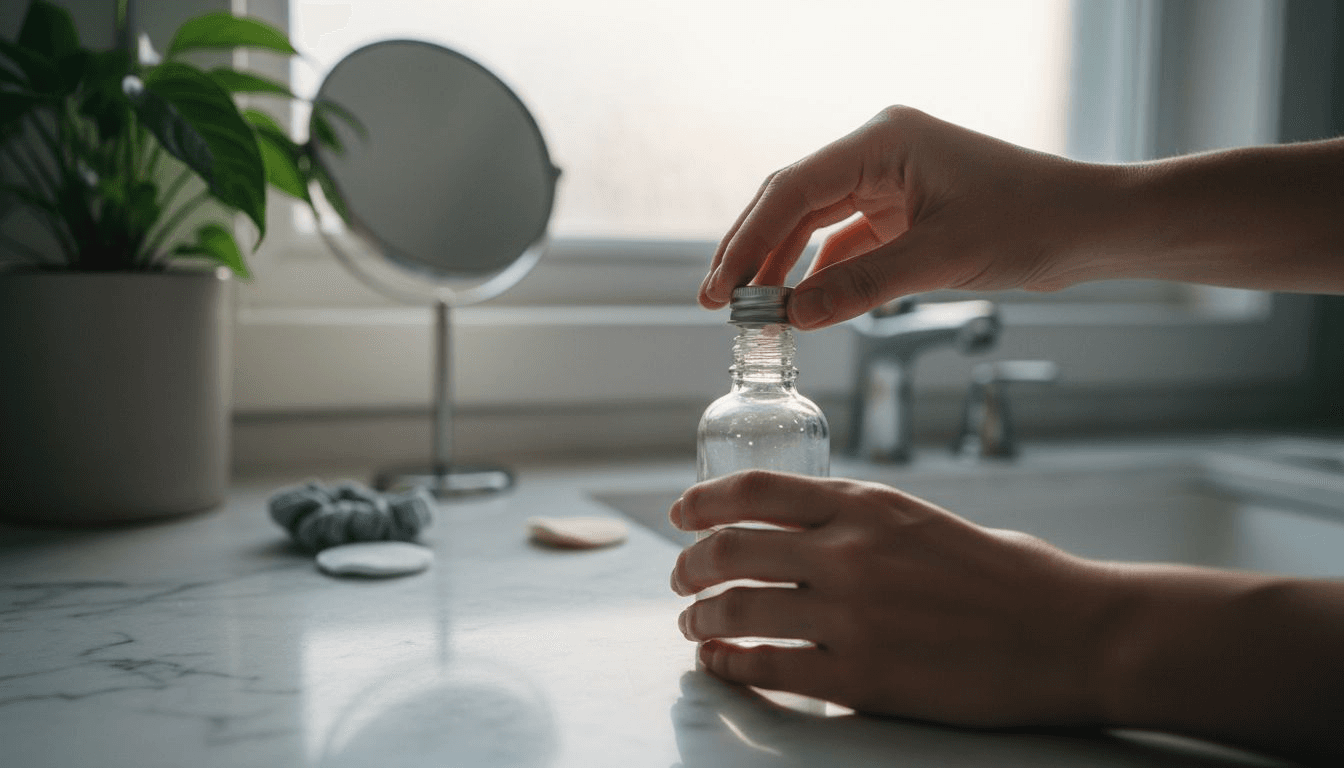 Hands opening castor oil bottle in bathroom