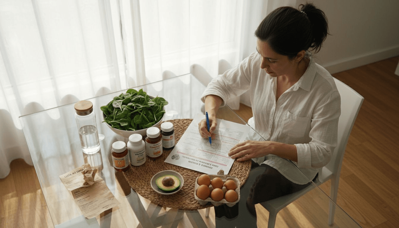 Nutricionista organizando alimentos ricos en vitaminas y hierro