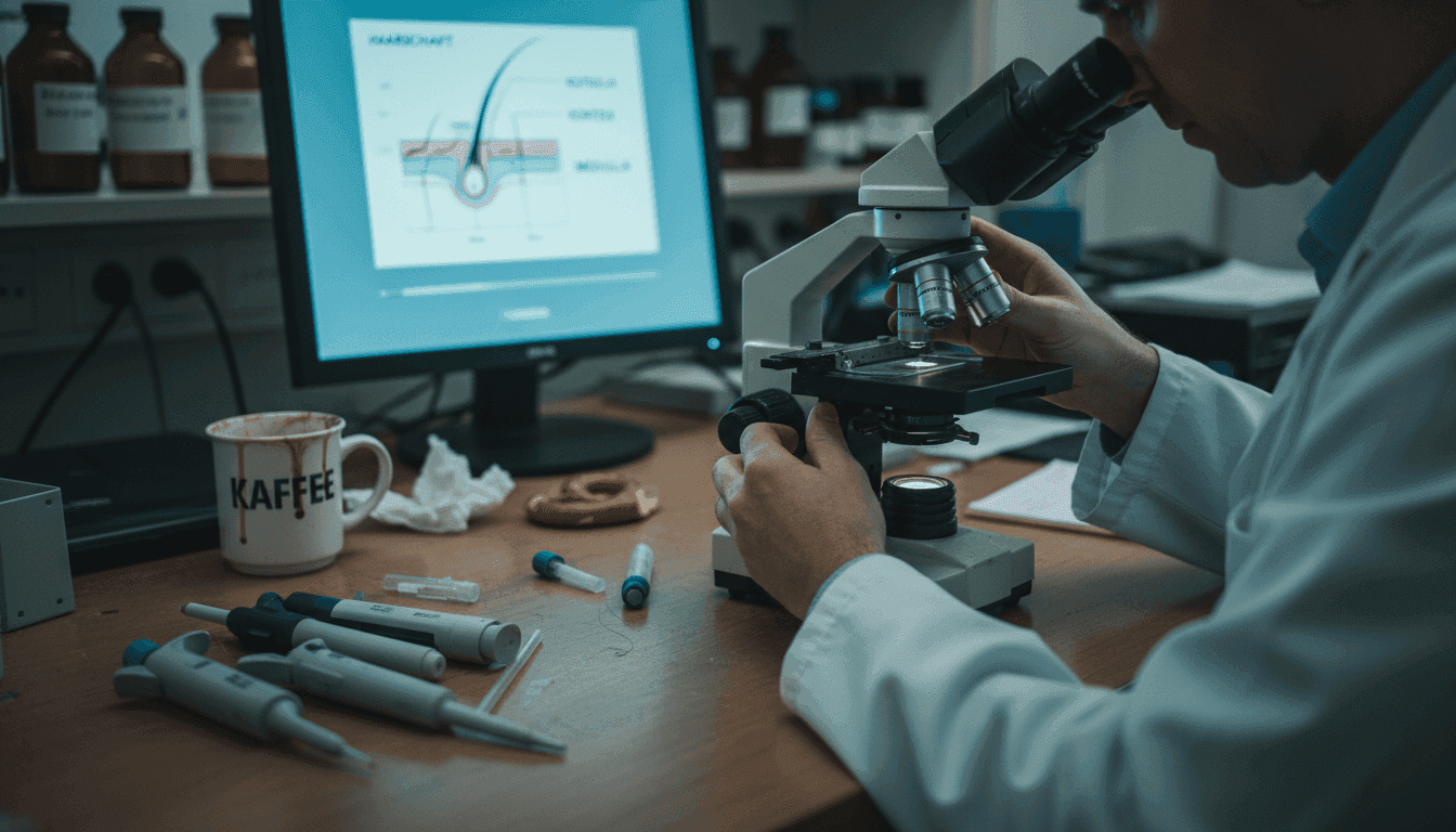 Ein Labortechniker untersucht Haarproben unter dem Mikroskop.