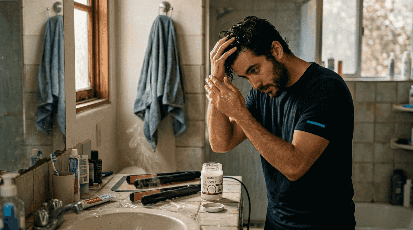 Man applying coconut oil before heat styling