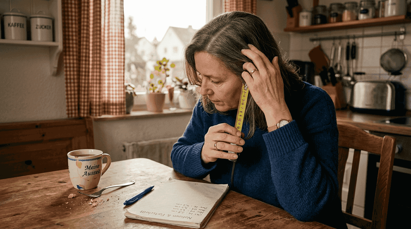 Am Küchentisch kontrolliere ich, wie viele neue Haare gewachsen sind.