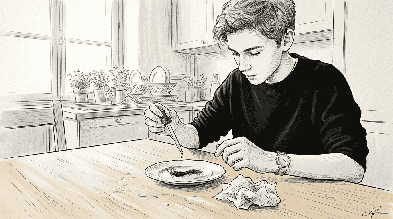 Un jeune teste un nouveau produit sur une mèche de cheveux.