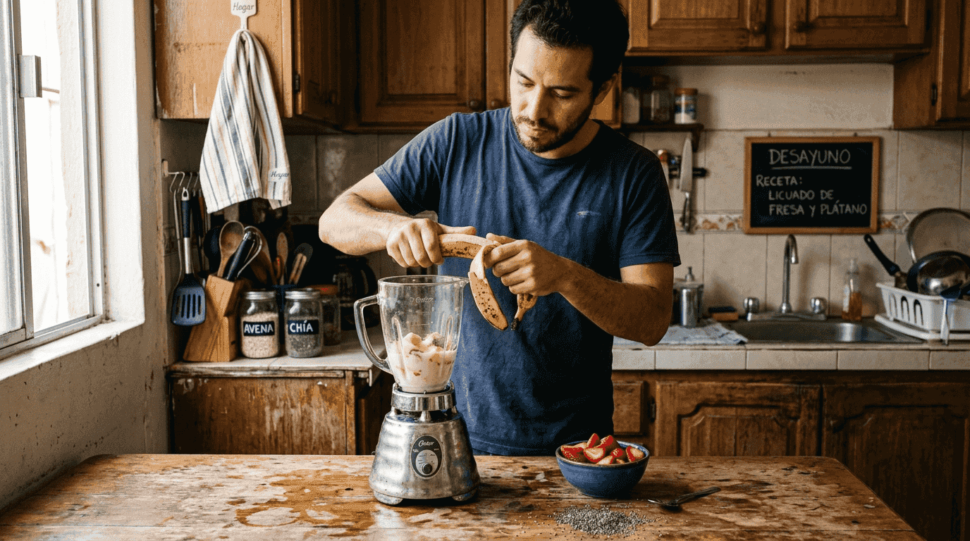 Un hombre prepara un batido casero para cuidar la elasticidad de su piel.