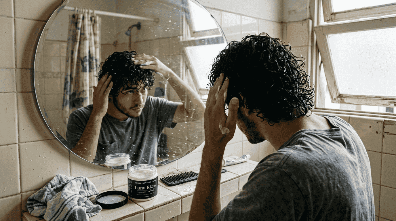 Chico dedicando tiempo a mimar sus rizos en casa