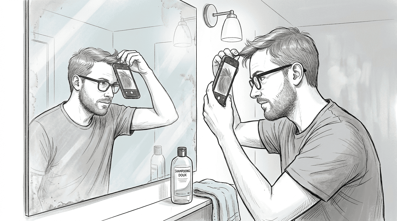 Un homme prend en photo sa chevelure chez lui pour assurer le suivi de l’évolution de ses cheveux grâce à l’intelligence artificielle.