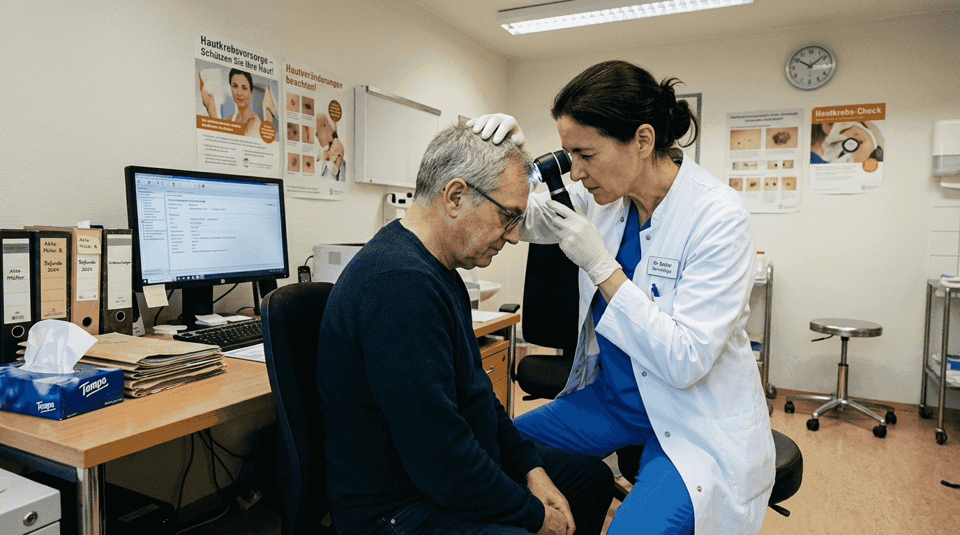 Der Hautarzt begutachtet die Kopfhaut, um möglichen Haarausfall festzustellen.