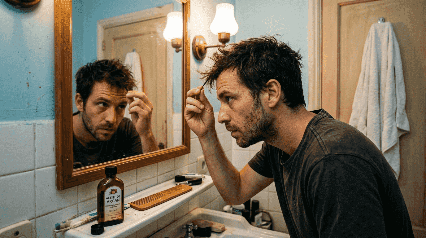 Hombre observando preocupado su cabello maltratado frente al espejo