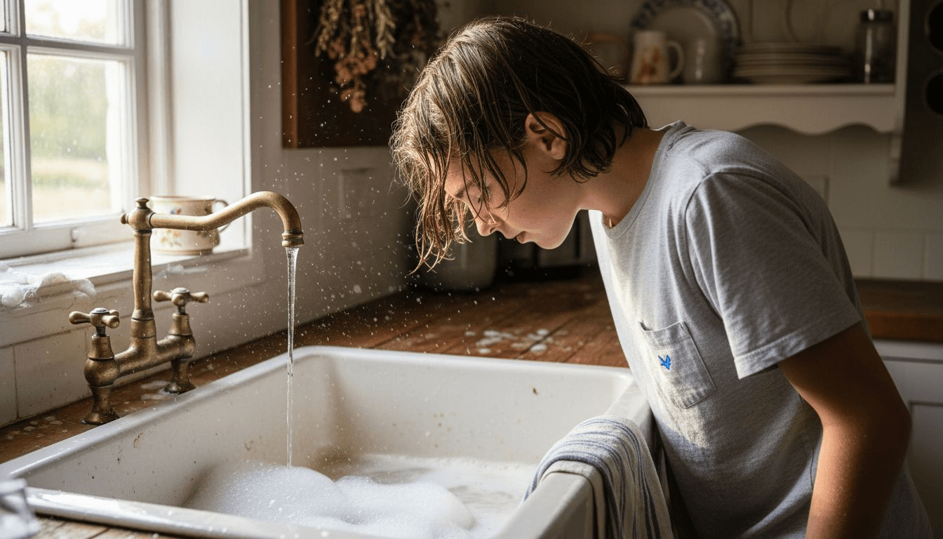 Teen washing hair at farmhouse sink gently