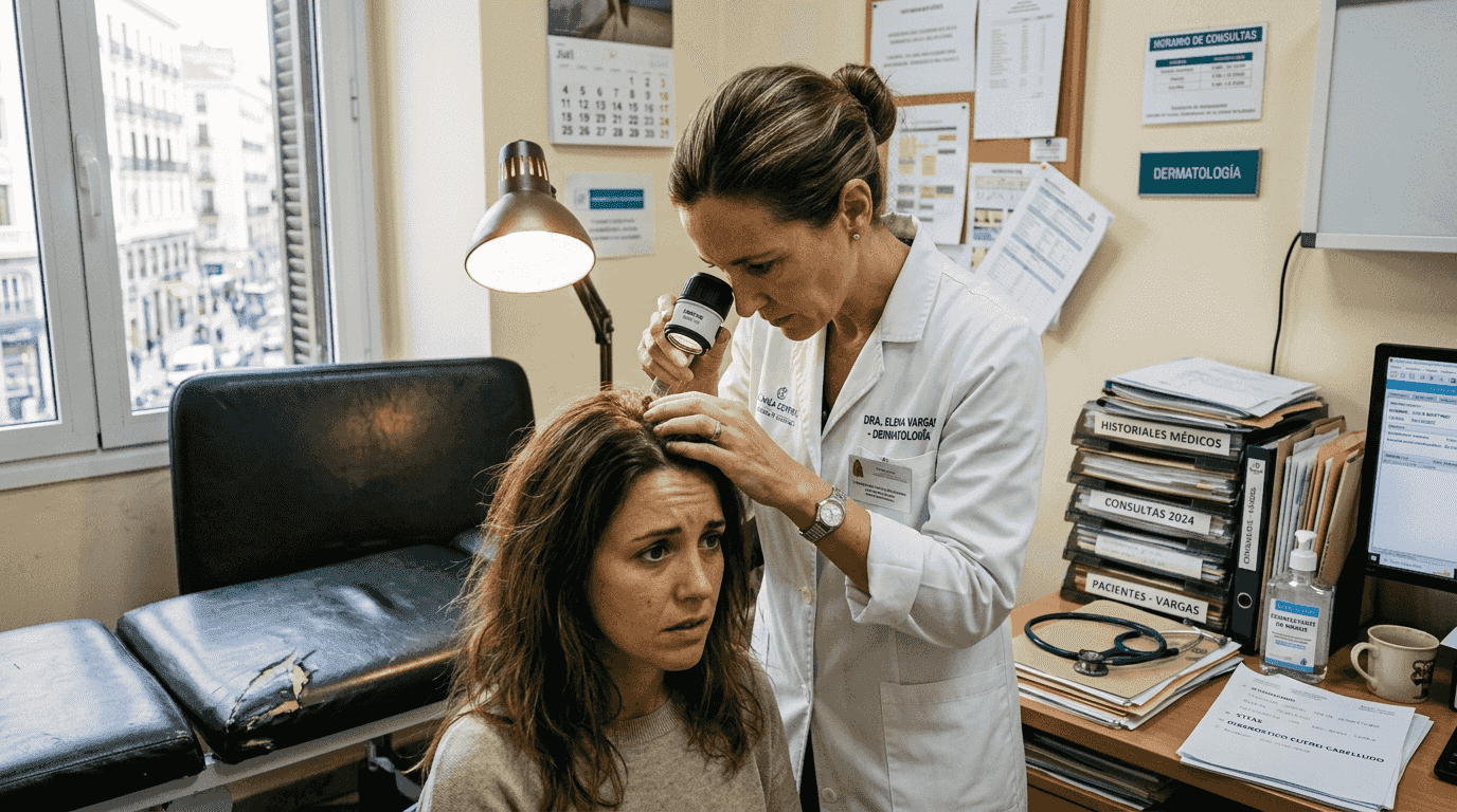 La dermatóloga examina cuidadosamente el cuero cabelludo del paciente.