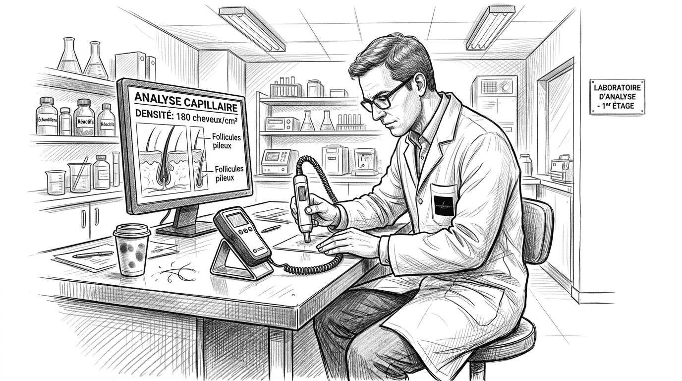 Un expert réalise une analyse capillaire à l’aide d’un appareil de densitométrie de dernière génération.