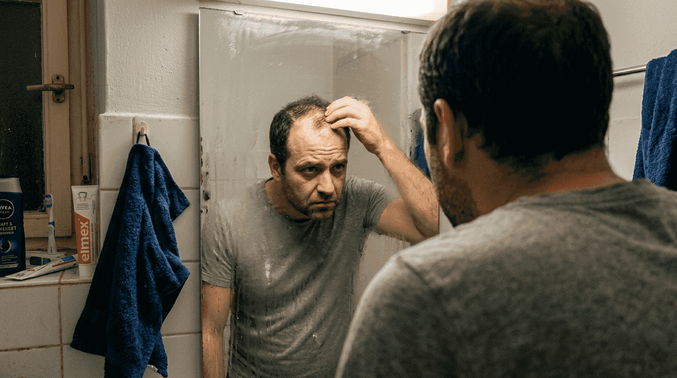 Ein Mann betrachtet besorgt seine lichter werdenden Haare im Badezimmerspiegel.