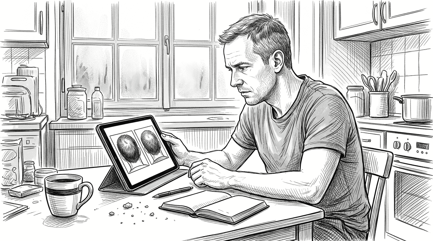 Un homme examine différentes photos de soins capillaires faits maison pour comparer les résultats.