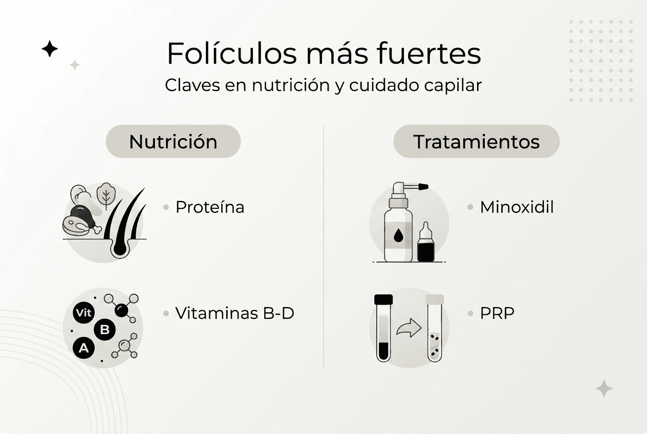 Guía visual de cuidados y alimentación para fortalecer los folículos capilares