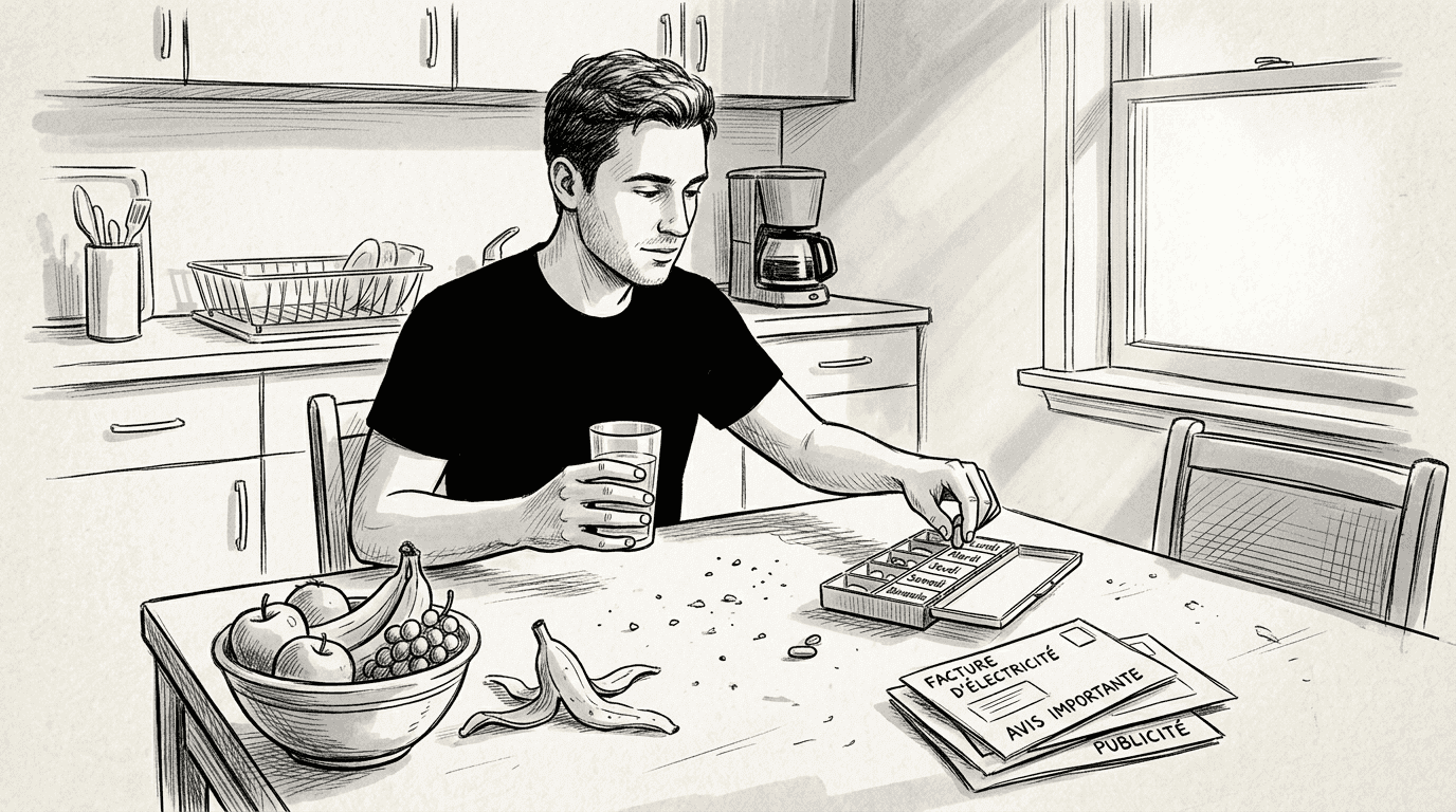 Un homme prend ses compléments alimentaires pour les cheveux pendant le petit-déjeuner.