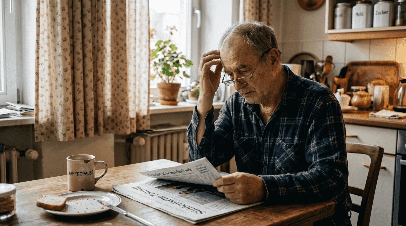 Älterer Mann fasst sich nachdenklich an seinen lichter werdenden Haaransatz.
