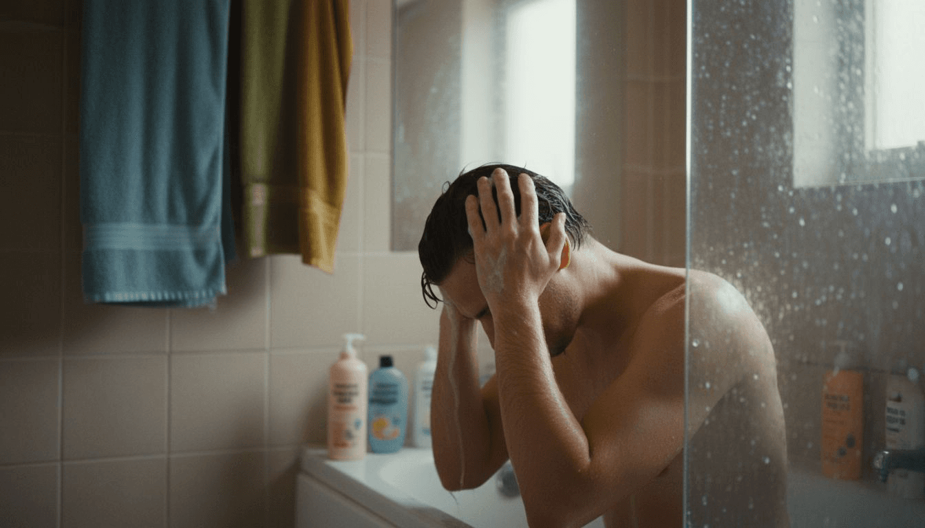 Chico aplicándose champú y masajeando suavemente su cabeza