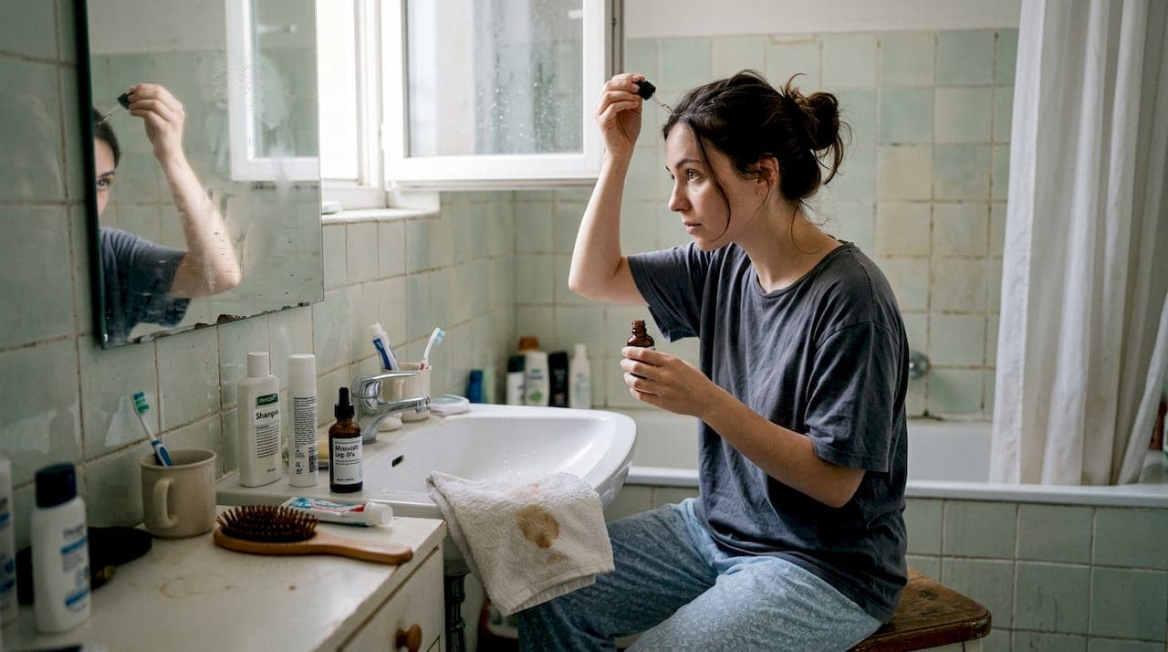 Eine Frau trägt im Badezimmer eine Behandlung gegen Haarausfall auf.