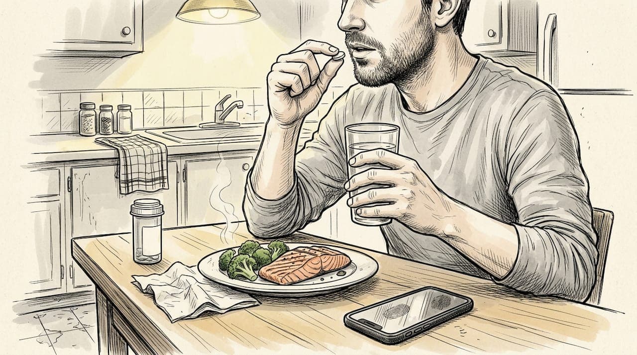 Un homme qui veille à sa santé en prenant des compléments alimentaires et en privilégiant des repas équilibrés et riches en nutriments.